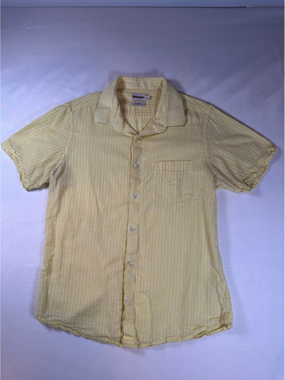 Fabindia Mens Button Down Slim Fit Yellow Light & Breezy Shirt Sz Med (068)